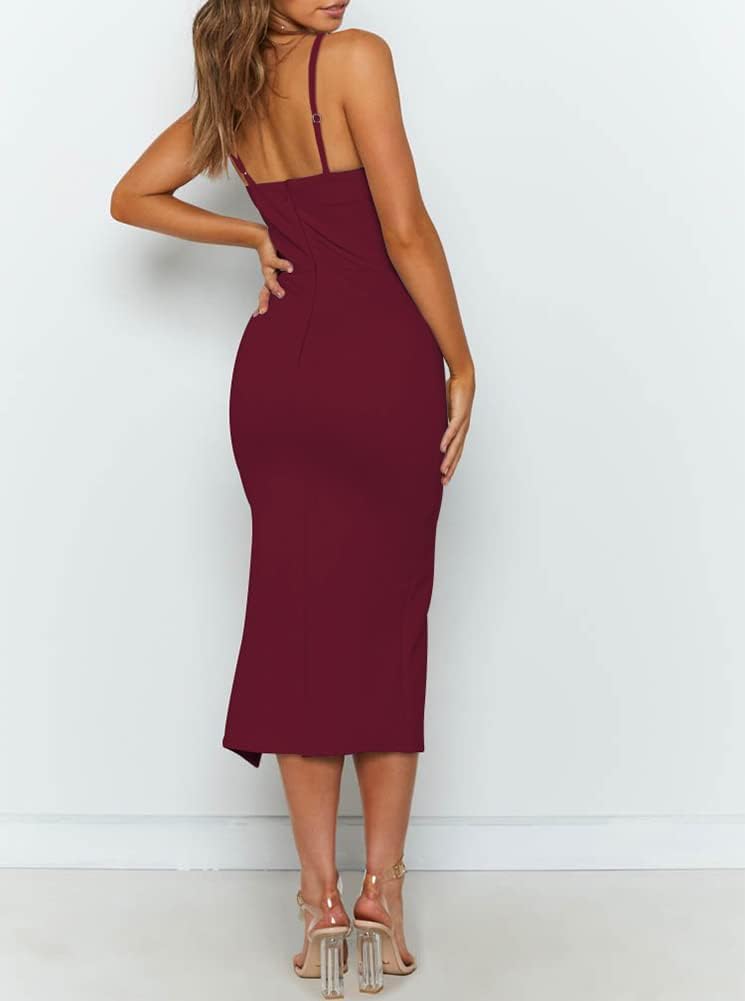 OWIN Womens Adjustable Spaghetti Straps Sleeveless High Waist Split Midi Bodycon Cocktail Party Dress