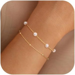 NECOCY 14k Gold Plated Pearl Bracelets for Women,Dainty Bracelets Stack Pearls Beaded Link Chain Charm Bracelets Set Layered Non Tarnish Tiny Jewelry for Women