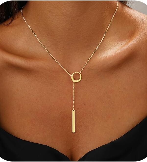 Long Gold Necklace for Women Trendy, Dainty Layered Lariat Necklace 14k Gold Plated Silver Y Shaped Beaded Chain Non Tarnish Drop Necklaces Simple Adjustable Jewelry Gift