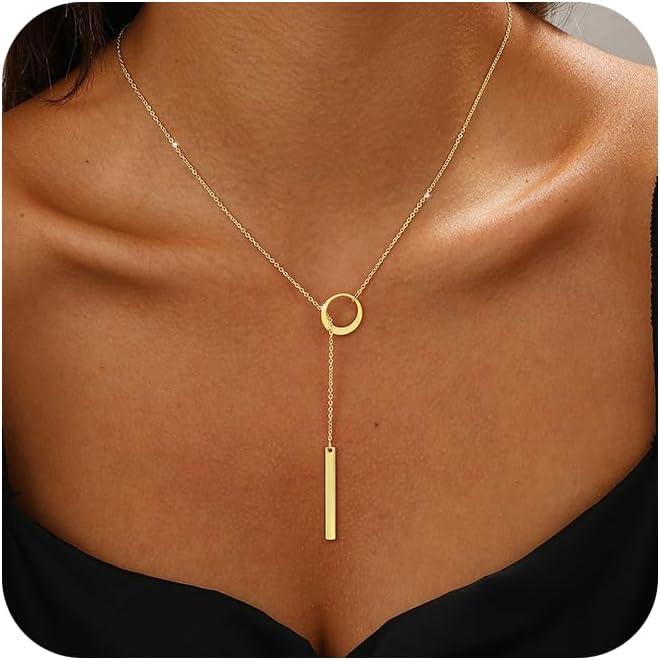 Long Gold Necklace for Women Trendy, Dainty Layered Lariat Necklace 14k Gold Plated Silver Y Shaped Beaded Chain Non Tarnish Drop Necklaces Simple Adjustable Jewelry Gift