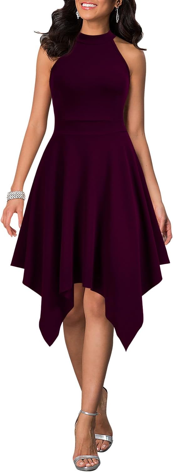 WOOSEA Women's Sleeveless Halter Neck Formal Dress Hem Asymmetrical A Line Party Cocktail Dress