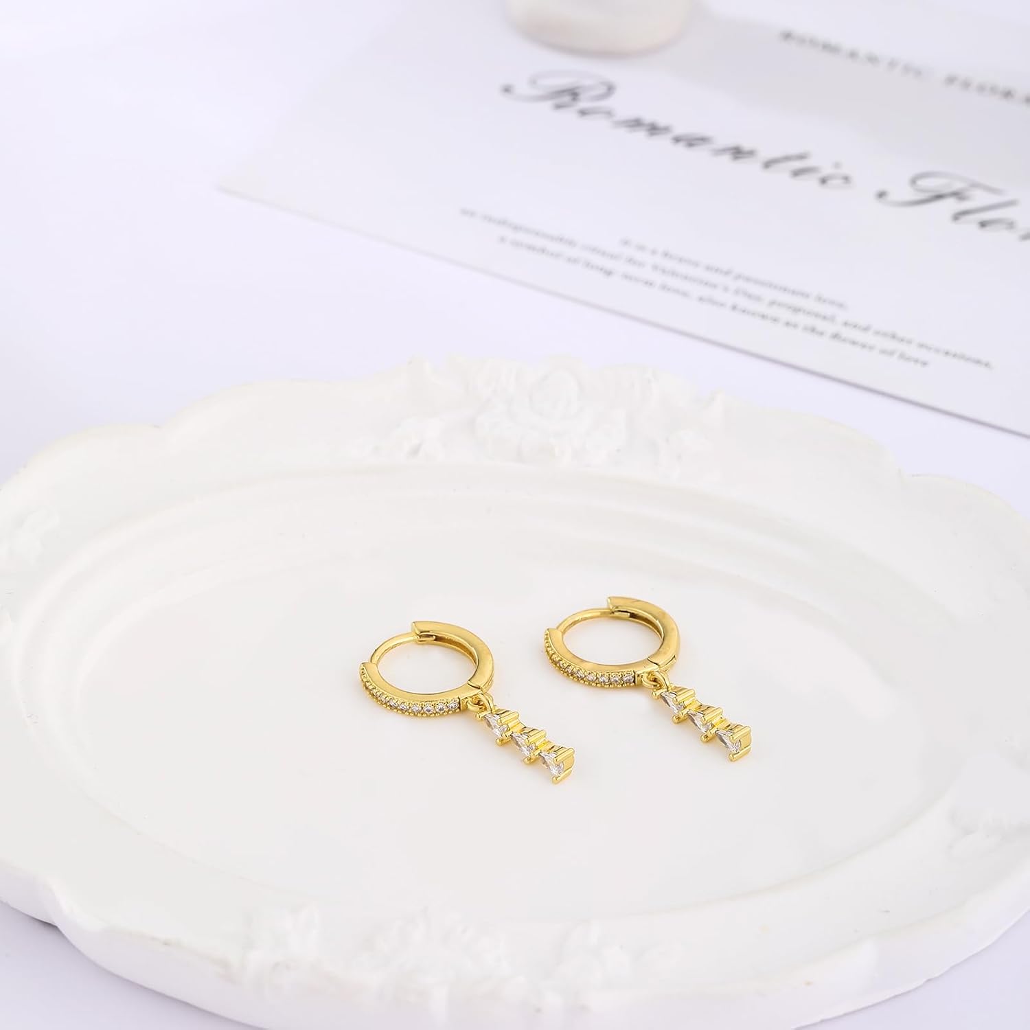 Gold/Silver Hoop Earrings for Women,Dainty 14k Gold/Silver Plated Small CZ Diamond Dangle Drop Earrings for Women Trendy Lightweight Jewelry Set