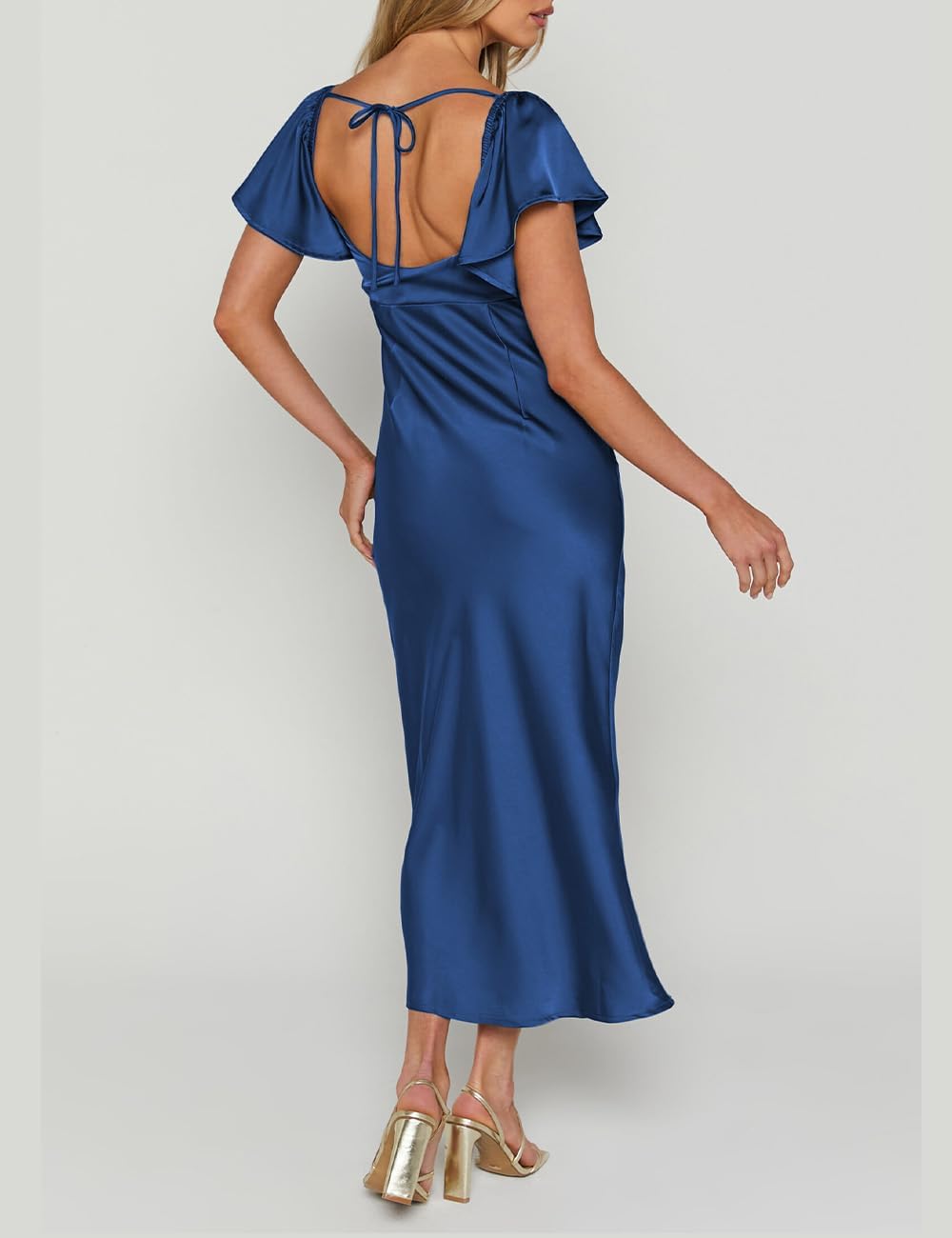 Summer Satin Flutter Sleeve Wedding Guest Dresses for Women Sweetheart Neckline Cutout Tie Back Midi Cocktail Dress