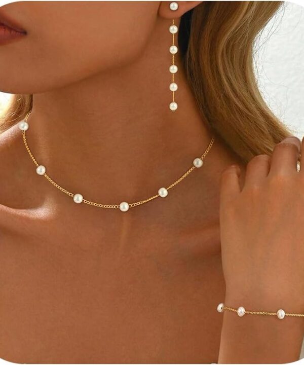 Pearl Necklaces for Women, 18K Gold/Silver Plated Layered Pearl Necklace Dainty Pearls Choker Necklace and Earring Set Wedding Prom Gold Jewelry for Women Christmas Teen Gifts Trendy Stuff