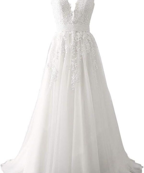Abaowedding Women's Wedding Dress for Bride Lace Applique Evening Dress V Neck Straps Ball Gowns