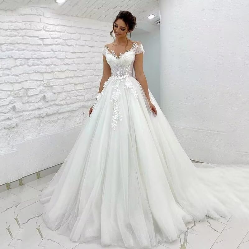 Off Shoulder Lace Applique Wedding Dress for Bride Strapless A-Line Satin Pleated Tulle Bridal Ball Gown with Corset