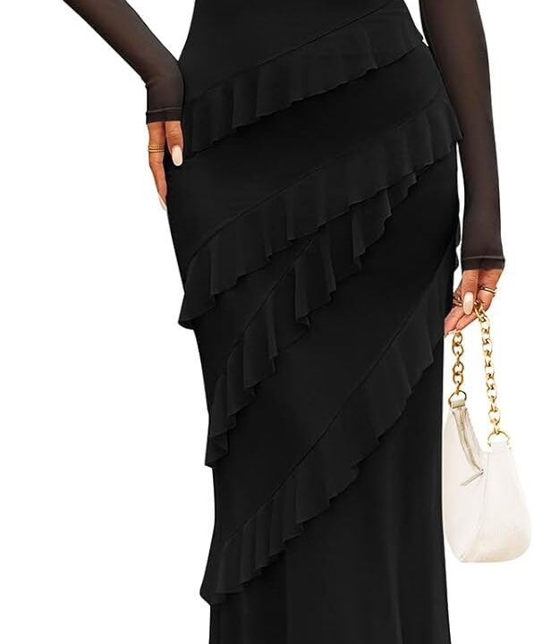 MEROKEETY Women's Fall Floral Long Sleeve Maxi Dress 2025 Cowl Neck Wedding Guest Ruffle Mesh Cocktail Bodycon Formal Dresses