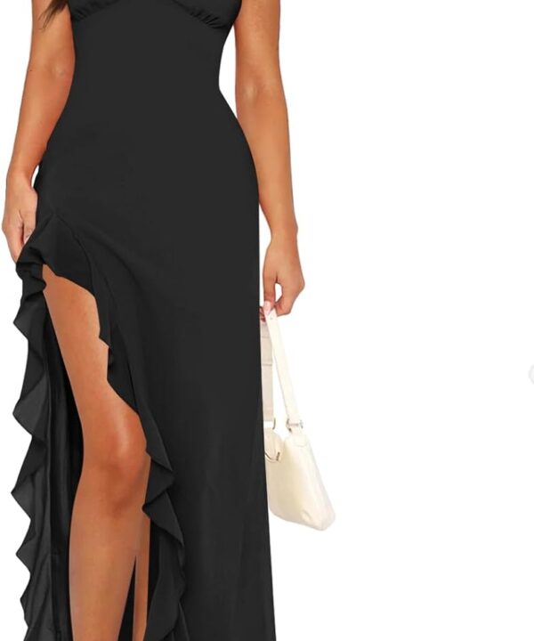 Women's Sexy V Neck Mesh Ruffles Hem High Slit Bodycon Maxi Dress for Women Formal Cocktail Wedding Guest Dresses