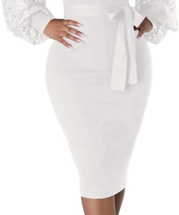 BOGURST Semi Formal Church Dresses for Women Bishop Sleeve Sexy V Neck Bodycon Midi Dresses