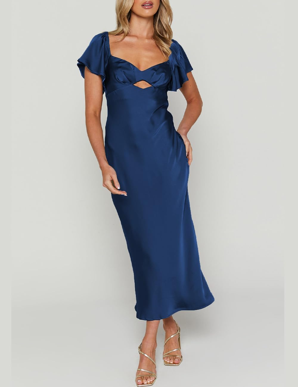 Summer Satin Flutter Sleeve Wedding Guest Dresses for Women Sweetheart Neckline Cutout Tie Back Midi Cocktail Dress