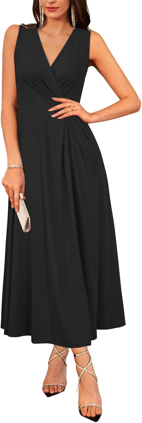 Newshows Womens 2025 Formal Evening Gowns Maxi Dress Cocktail Party V Neck Sleeveless Wedding Guest Long Elegant Dress
