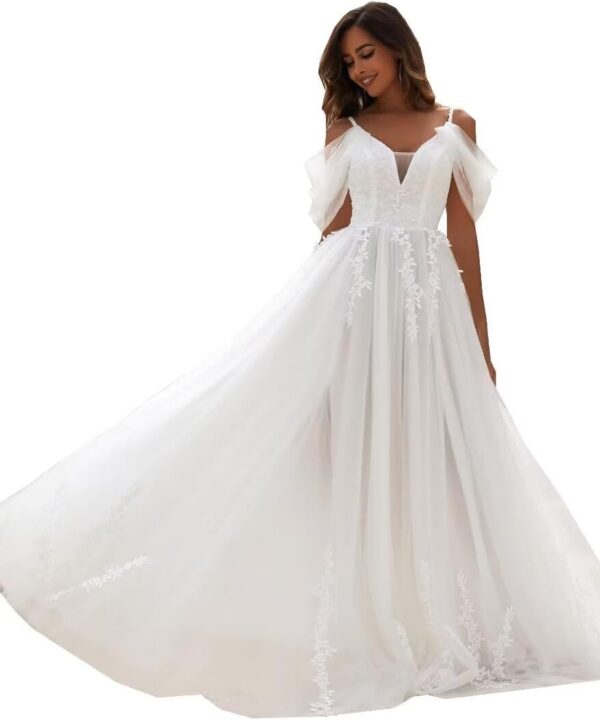 YMFFW Boho Wedding Dresses for Bride 2024 A Line Tulle Lace Wedding Gowns Plus Size Beach Bride Dresses