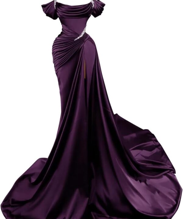 Satin Mermaid Prom Dress 2025 Long Spaghtti Straps Beaded Sparkly Wedding Dresses Split Ball Gowns for Women Formal