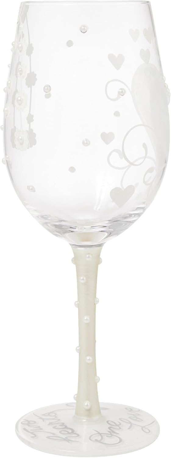 Enesco Lolita Designs Wedding Bride Two Hearts One Love Hand-Painted Artisan Wine Glass, 15 Ounce, Multicolor
