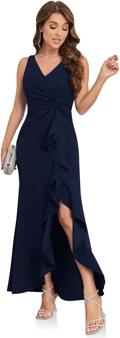 OEZ Long Formal Dresses for Women Wedding Guest Elegant Evening Party Cocktail Dress Sexy V Neck Sleeveless Gowns Dresses