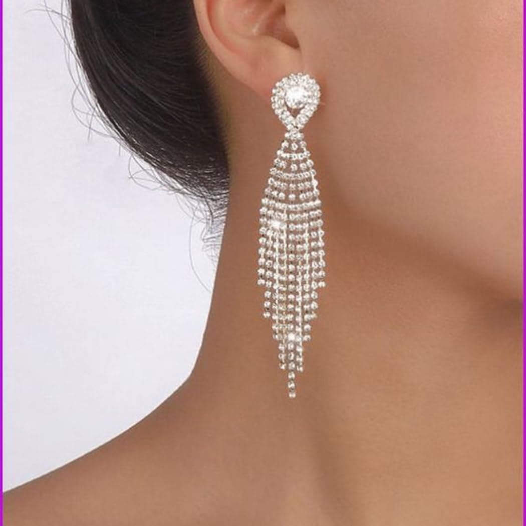 Unicra Long Tassel Rhinestone Earrings Silver Diamond Dangle Earrings Jewelry Sets Crystal Bridal Wedding Earrings Accessories for Women and Brides