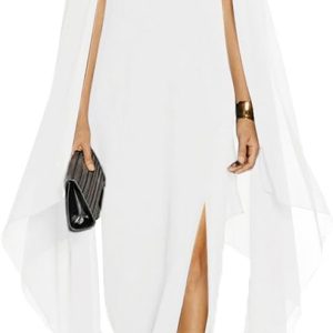 MAYFASEY Women's Elegant High Split Flare Sleeve Formal Evening Gowns Maxi Dress with Cape