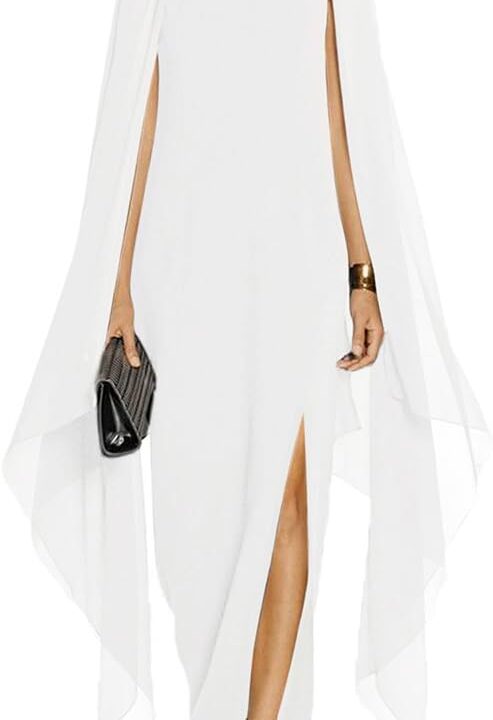 MAYFASEY Women's Elegant High Split Flare Sleeve Formal Evening Gowns Maxi Dress with Cape