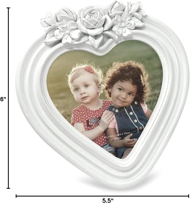 Isaac Jacobs 4×4 Heart-Shaped Resin Picture Frame with Rose Design, Decorative Photo Frame, Tabletop & Wall Display, Hanging Display & Home Décor (White)