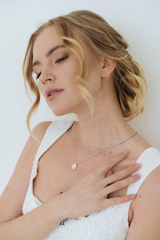 SWEETV Teardrop Wedding Back Necklace for Bride Bridesmaids, Cubic Zirconia Simple Back Pendant Bridal Necklace for Wedding Party