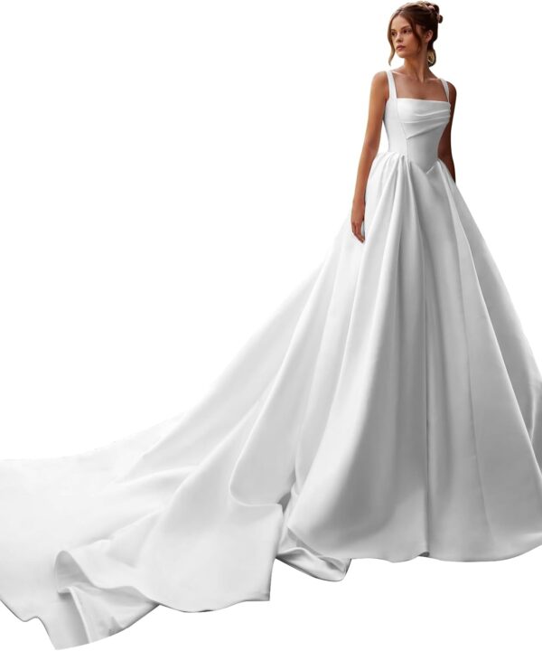 Square Neck Satin Wedding Dresses for Bride Pleated Sleeveless A Line Drop Waist Bridal Gowns 2025 with Train