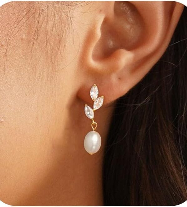 Dainty Gold Pearl Earrings for Women, Trendy 14k Gold Filled Freshwater CZ Leaf Bow Pearl Dangle Drop Earrings Lightweight Hypoallergenic Bridesmaid Stud Earring Wedding Statement Jewelry for Women Gifts