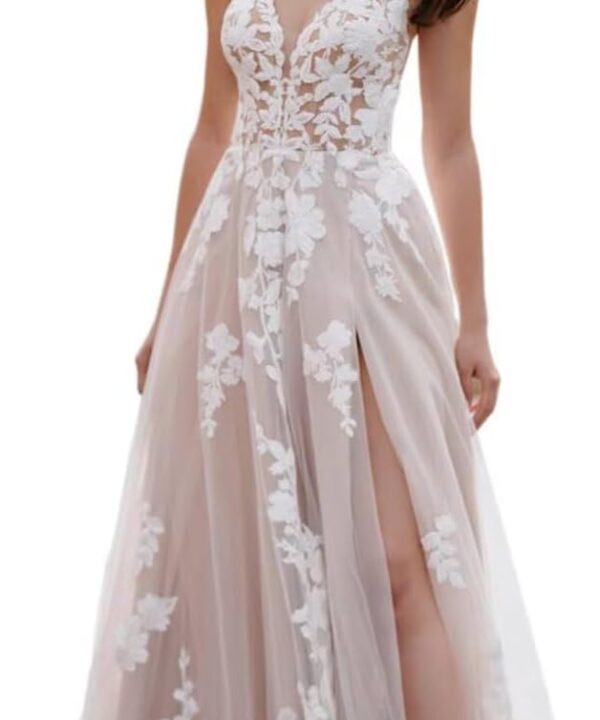 Loyeloy Women's Wedding Dresses for Bride 2025 Sexy V Neck Slit Lace Bridal Wedding Gowns for Bride YJ010