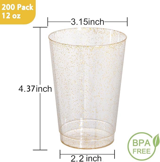 I00000 200 Pack 12 oz Gold Glitter Plastic Cups, Clear Disposable Cups, Disposable Plastic Wine Glasses Cocktail Glasses Premium Cups, 12 Ounce Glitter Tumblers for Party & Wedding