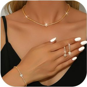 Bridal Wedding Set for Women,Dainty Sparkly Statement Choker Necklace Earrings Bracelet Set Bridal Wedding Prom Accessories