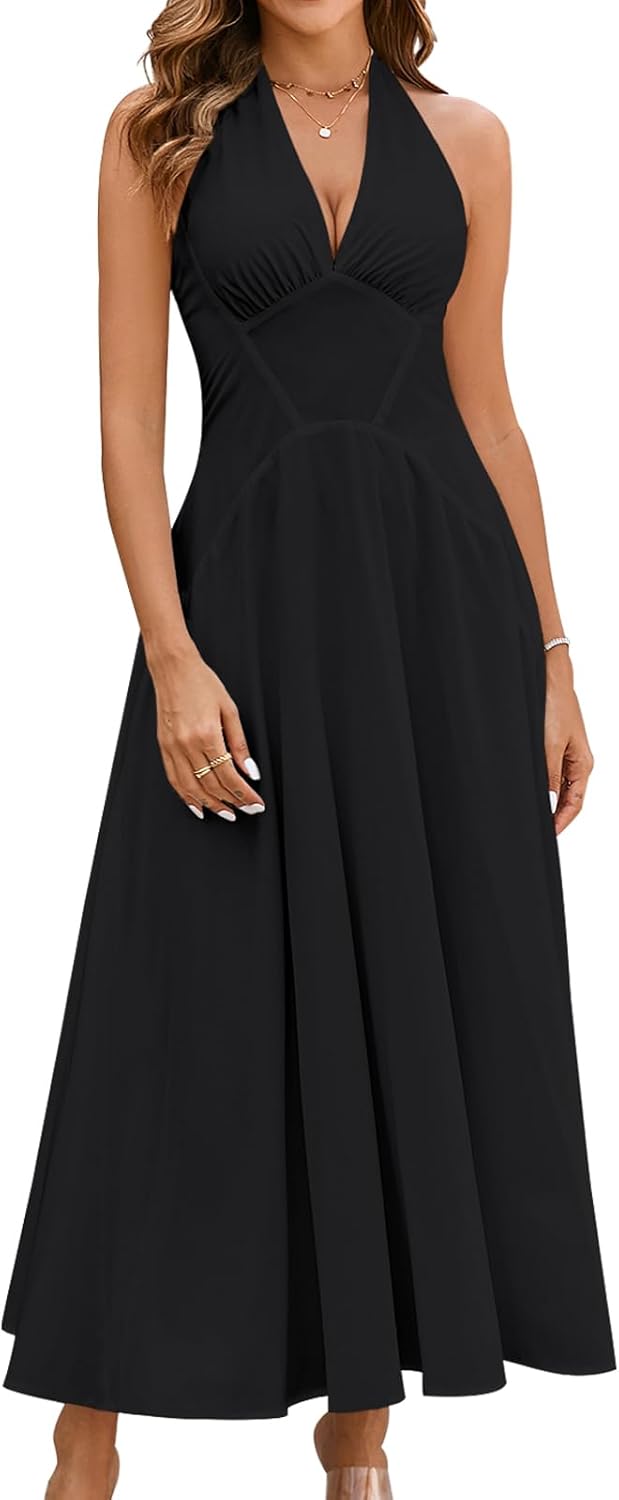 GLNEGE Women's Summer V-Neck Long Dress Casual Halter Wedding Guest Dresses Boho Flowy Smocked Sundress 2025