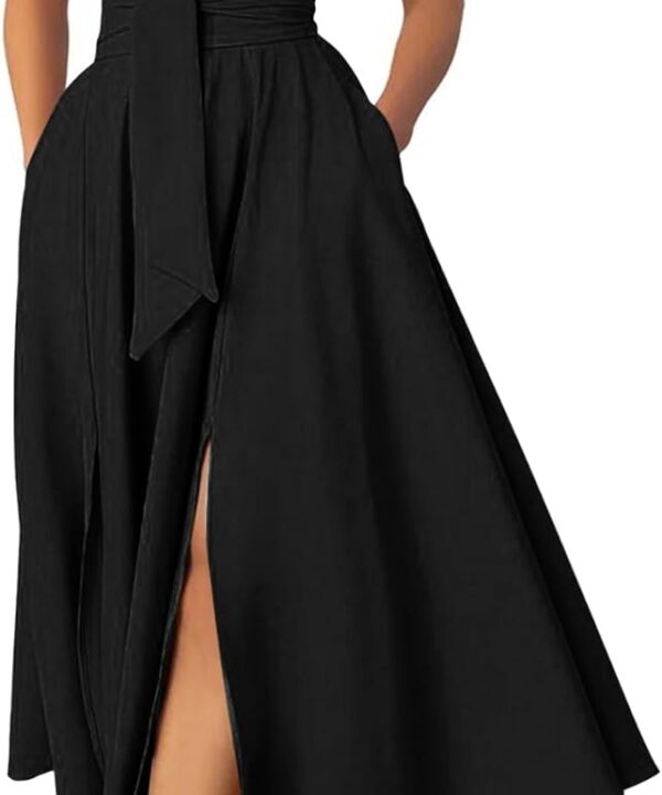 Ekaliy Women's One Shoulder Belted Maxi Dress Long Formal Wedding Guest Dress with Pockets