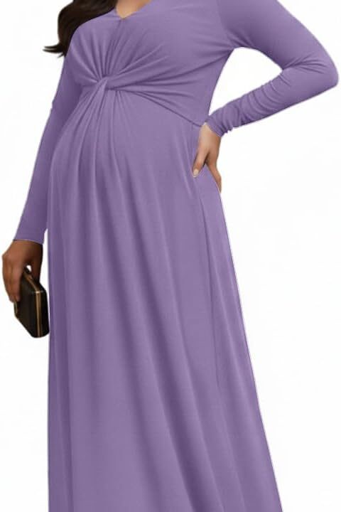 KOH KOH Womens Long Sleeve Flowy Maternity Pregnancy Elegant V-Neck Maxi Dress