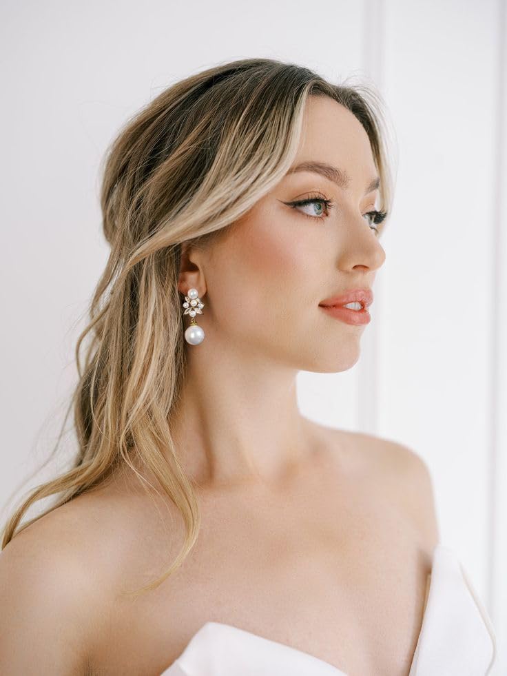 Pearl Drop Dangle Earrings for Women, Pearl Wedding Earrings for Brides Dangling, CZ Bridal Earrings for Wedding Bridesmaids, Prom Jewelry Gifts
