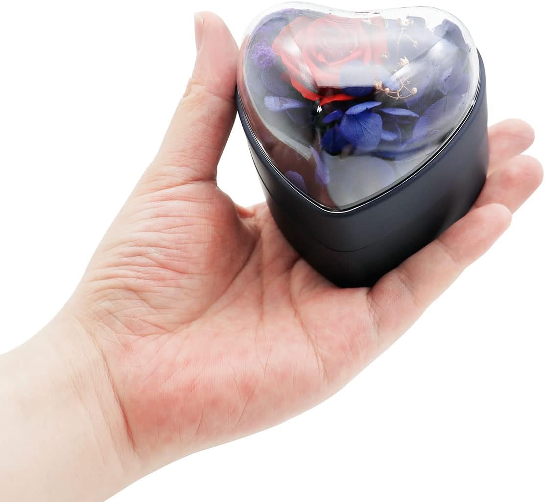 Preserved Flower Rose Pendant Box, Heart Shape Velvet Jewelry Box for Valentines Day Mothers Day Wedding Anniversary Birthday Gift, Dark Blue