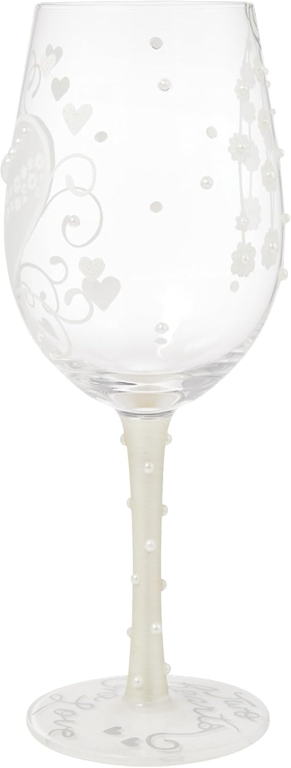 Enesco Lolita Designs Wedding Bride Two Hearts One Love Hand-Painted Artisan Wine Glass, 15 Ounce, Multicolor