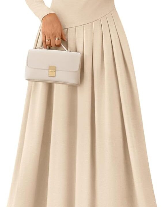 MEROKEETY Women's Fall Long Sleeve Wedding Guest Dresses 2025 One Shoulder Elegant Formal Pleated Midi Maxi Dress