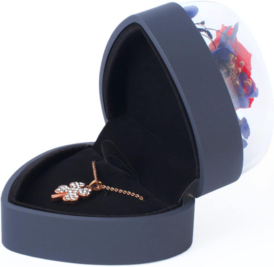 Preserved Flower Rose Pendant Box, Heart Shape Velvet Jewelry Box for Valentines Day Mothers Day Wedding Anniversary Birthday Gift, Dark Blue