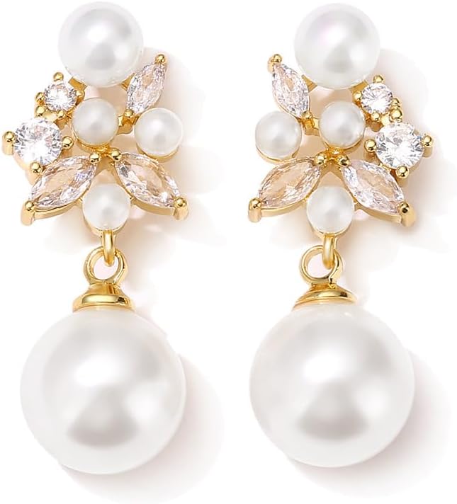 Pearl Drop Dangle Earrings for Women, Pearl Wedding Earrings for Brides Dangling, CZ Bridal Earrings for Wedding Bridesmaids, Prom Jewelry Gifts