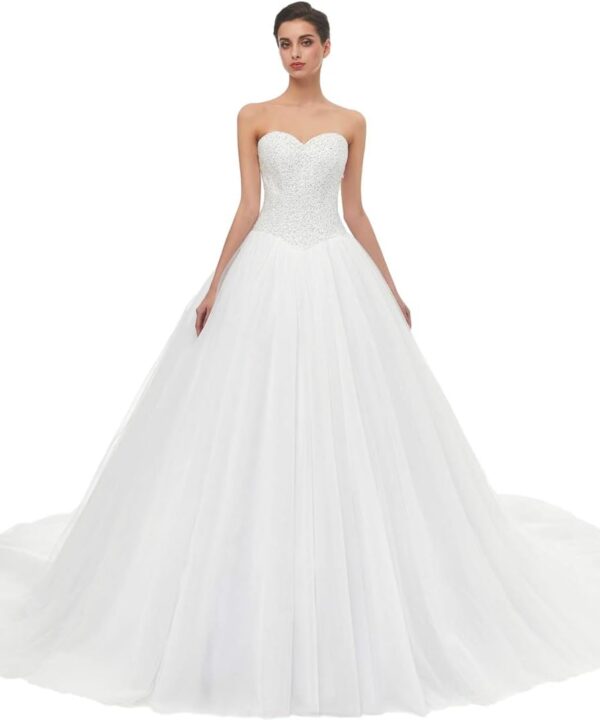 Sweetheart Tulle Ball Gown Wedding Dress, A-line Bridal Gown with Train