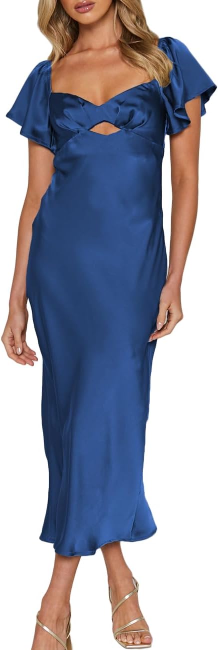 Summer Satin Flutter Sleeve Wedding Guest Dresses for Women Sweetheart Neckline Cutout Tie Back Midi Cocktail Dress