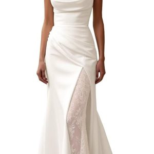 Strapless Satin Wedding Dresses for Bride Long Mermaid Slit Lace Beach Boho Bride Gowns with Train