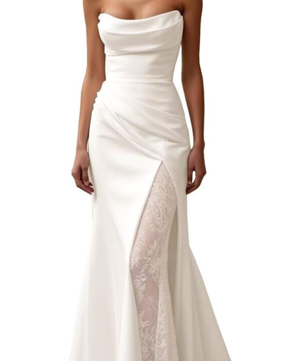 Strapless Satin Wedding Dresses for Bride Long Mermaid Slit Lace Beach Boho Bride Gowns with Train