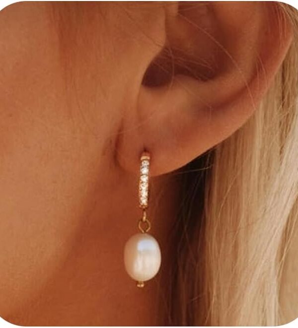 CHESKY 14k Gold Plated Pearl Earrings for Women - Trendy Drop Dangle Huggie Hoop Earrings - Dainty Brides Weddings Pearls Earring Jewelry Gifts for Her