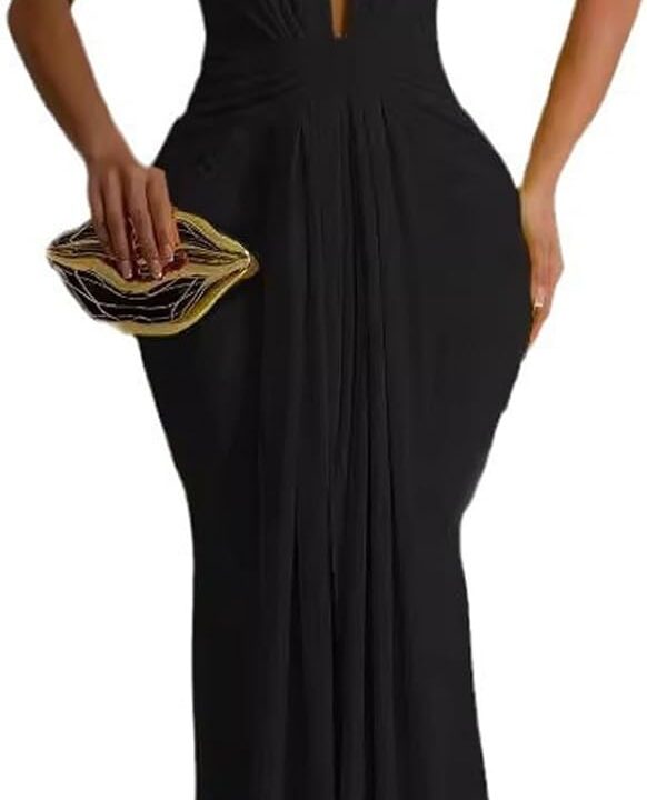 Ekaliy Elegant Bodycon Dresses for Women Deep V Neck Maxi Dress Mermaid Long Dress