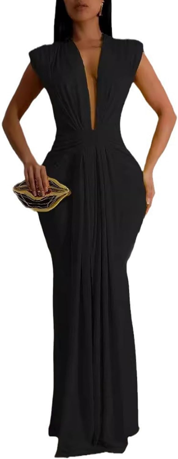 Ekaliy Elegant Bodycon Dresses for Women Deep V Neck Maxi Dress Mermaid Long Dress