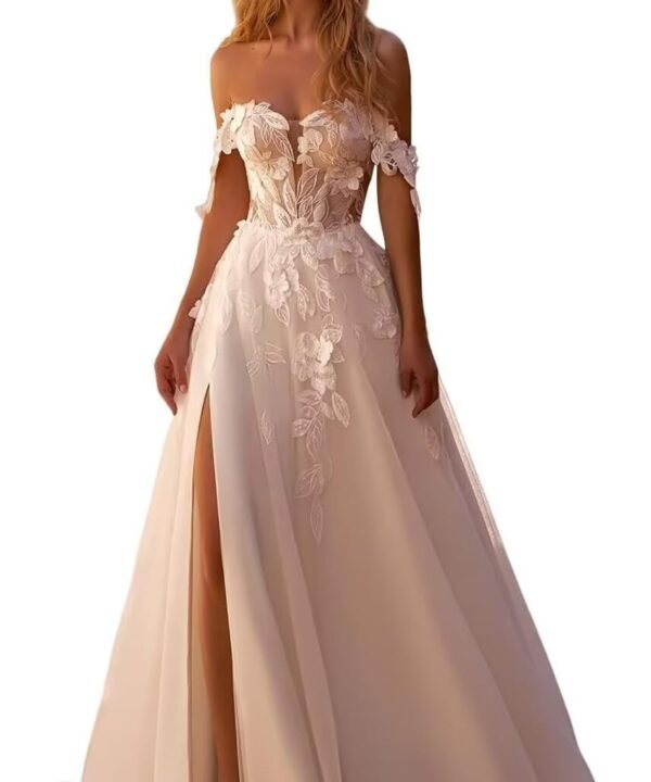 Off Shoulder Wedding Dresses for Bride Applique Bridal Gown Tulle Bridal Dress with Slit