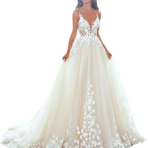 Women's Long Beach Wedding Dresses for Wedding 2025 Lace Applique Tulle Bridal Gowns HC013