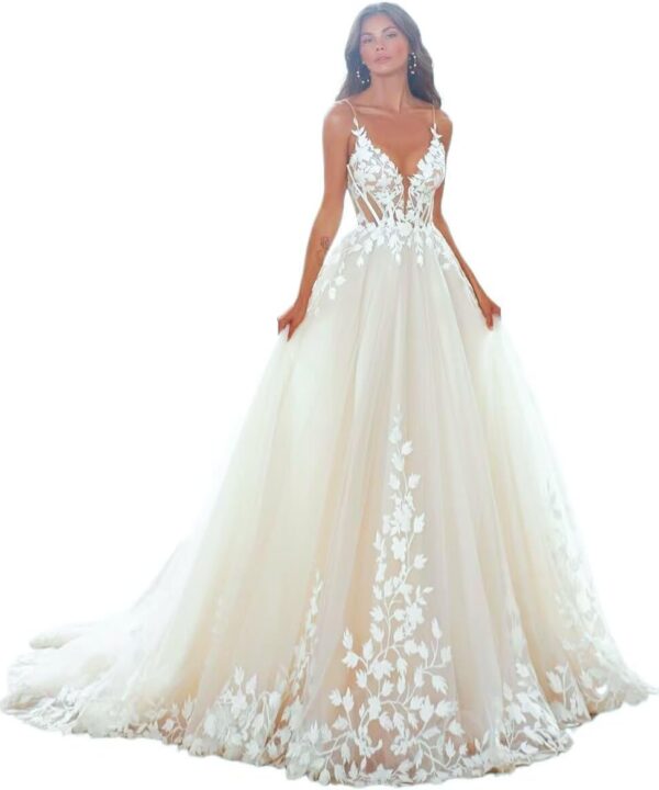Women's Long Beach Wedding Dresses for Wedding 2025 Lace Applique Tulle Bridal Gowns HC013