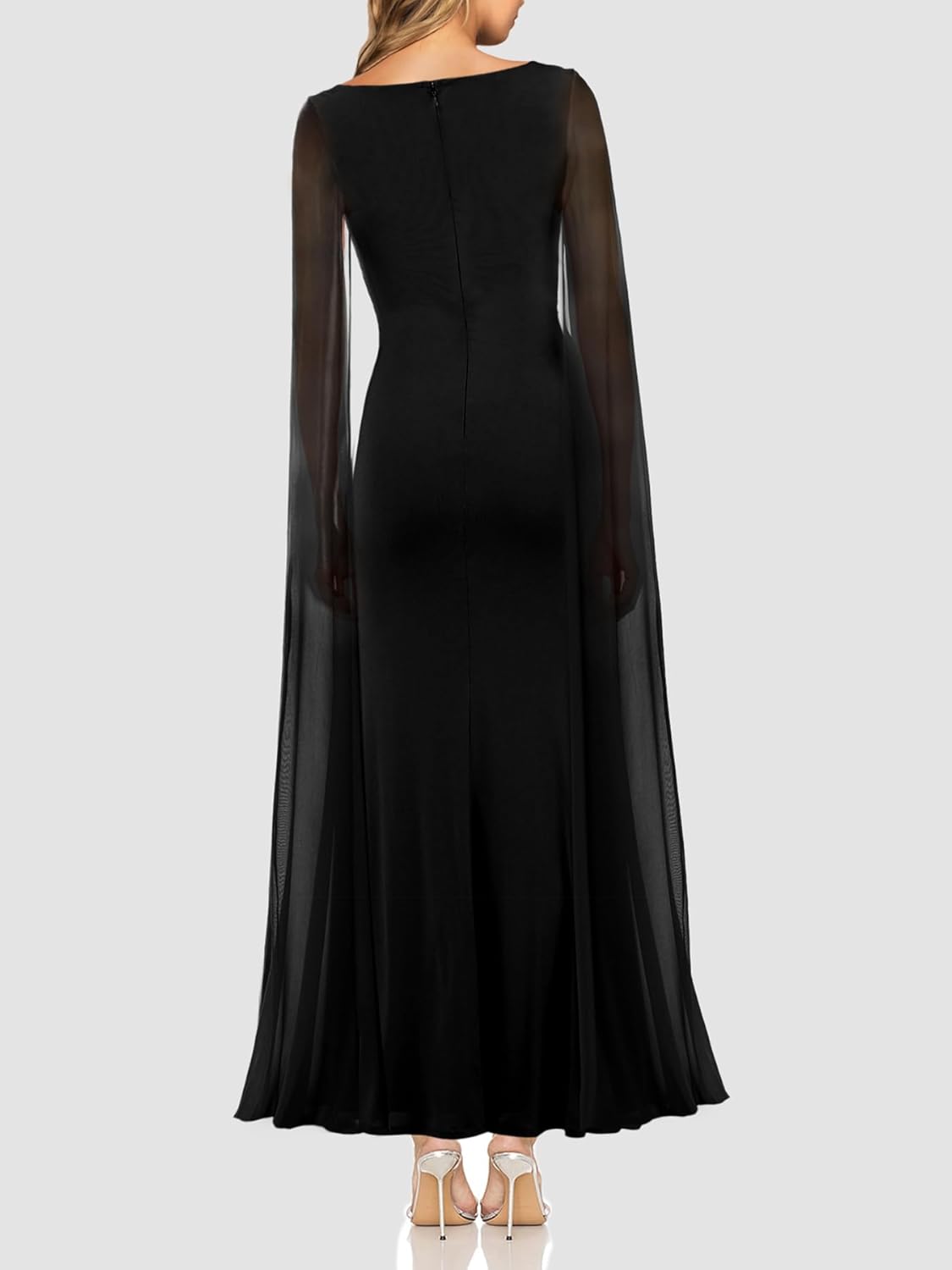 Lrady Womens Formal Evening Gowns High Split Ruffle Wedding Guest Cape Sleeve Cocktail Party Maxi Dresses