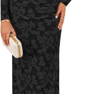 ZESICA Women's Fall Floral Off Shoulder Bodycon Maxi Dresses 2025 Long Sleeve Ruched Elegant Cocktail Party Dress